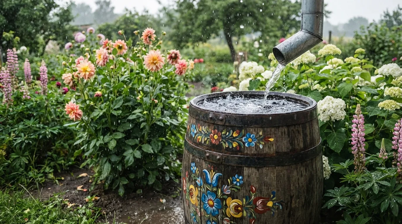 Decorative Rain Barrel by the House